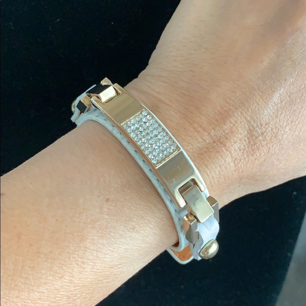 White leather gold rhinestone bracelet